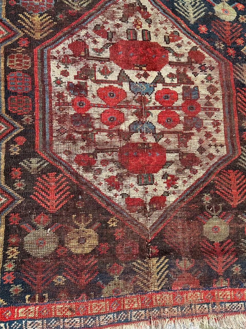 Bobyrug’s nice antique distressed qashqai fragment rug  For Sale 6