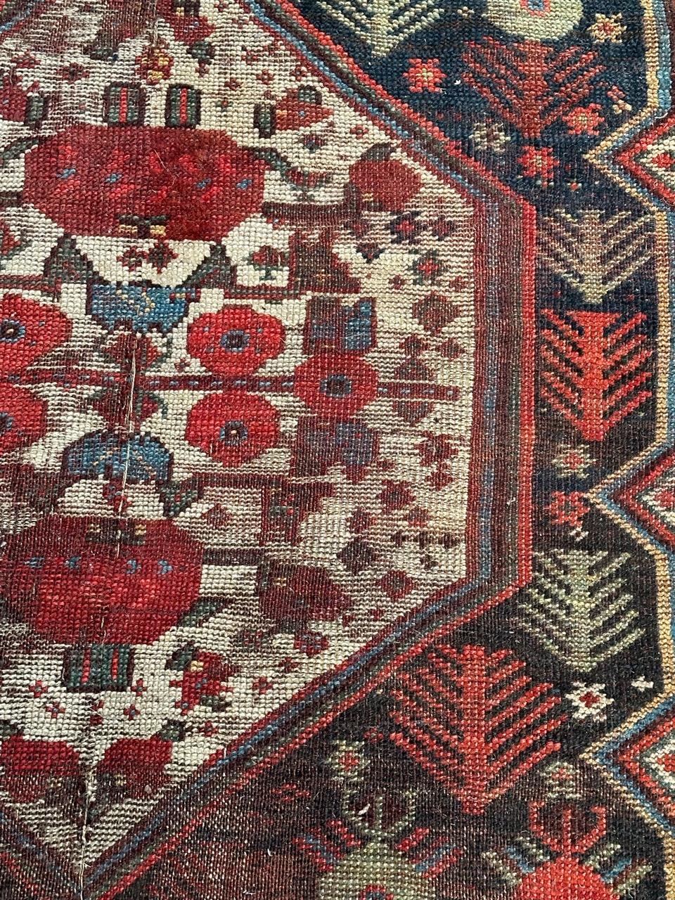 Bobyrug’s nice antique distressed qashqai fragment rug  For Sale 7