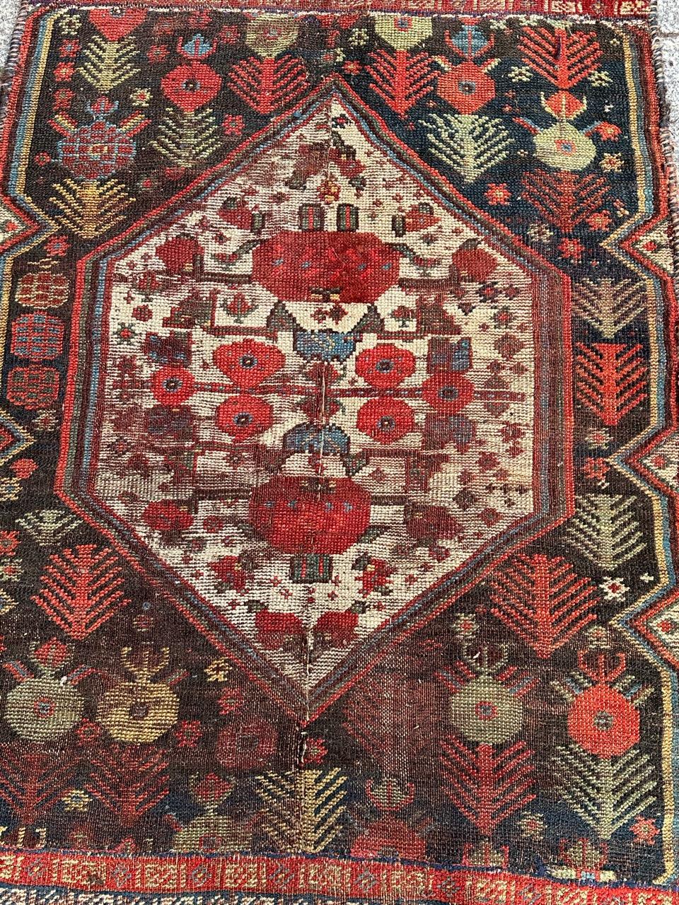 Bobyrug’s nice antique distressed qashqai fragment rug  For Sale 8