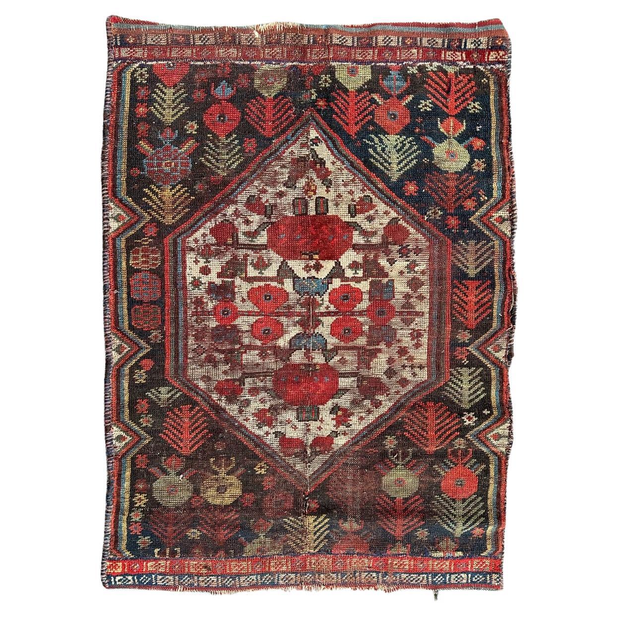 Bobyrug’s nice antique distressed qashqai fragment rug  For Sale