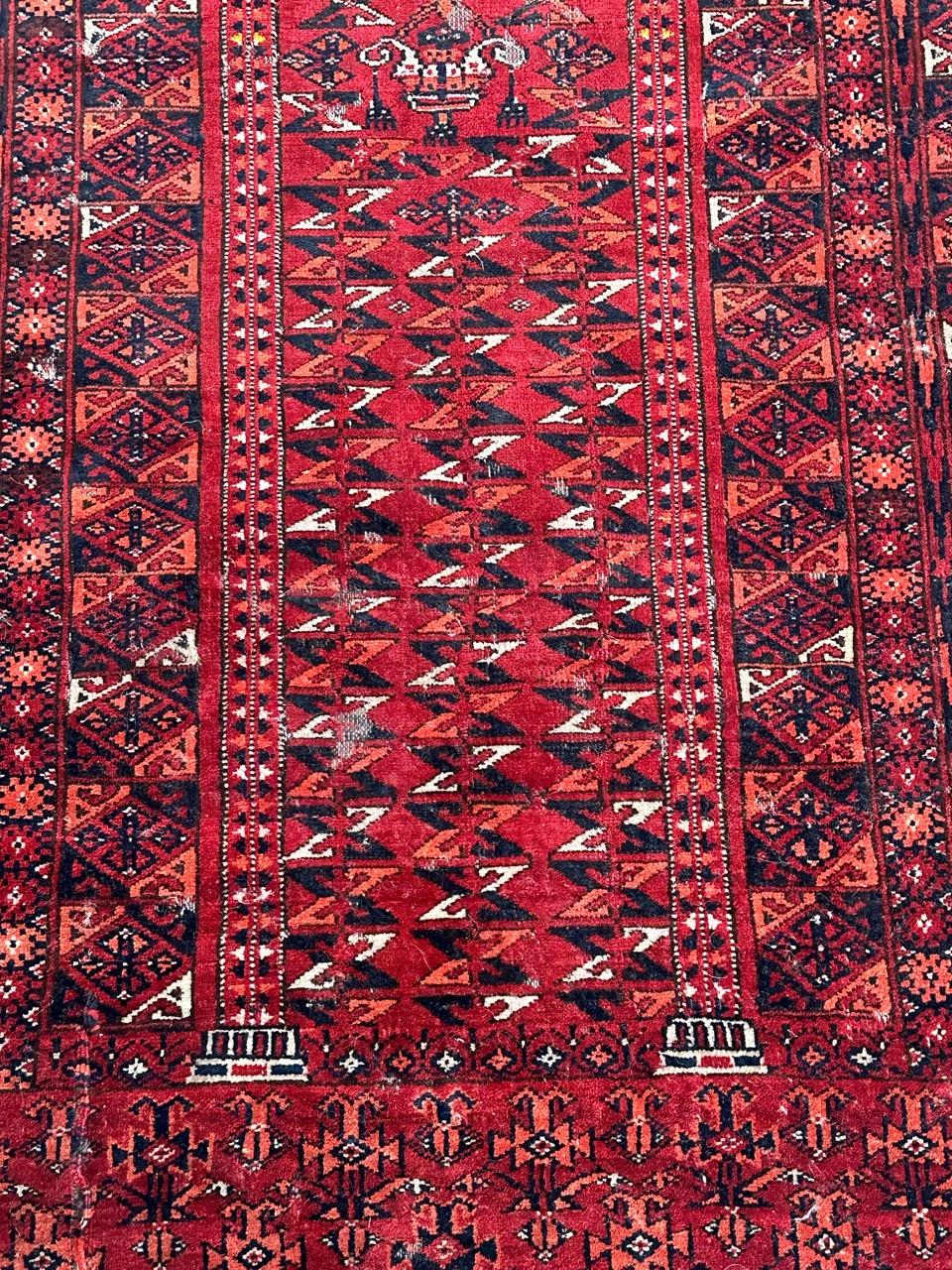 Bobyrug’s nice antique distressed tribal Turkmen rug  For Sale 4