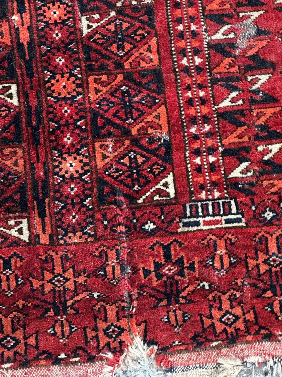 Wool Bobyrug’s nice antique distressed tribal Turkmen rug  For Sale