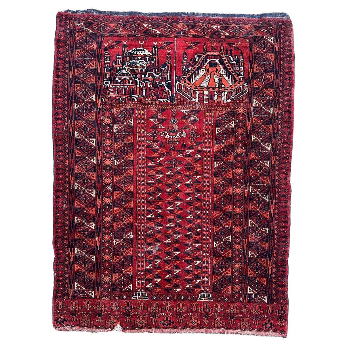 Bobyrug’s nice antique distressed tribal Turkmen rug  For Sale