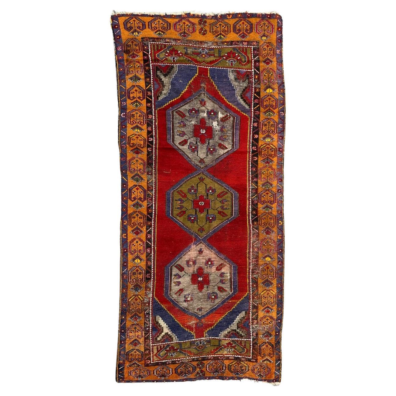 Bobyrug’s nice antique distressed Turkish rug  For Sale