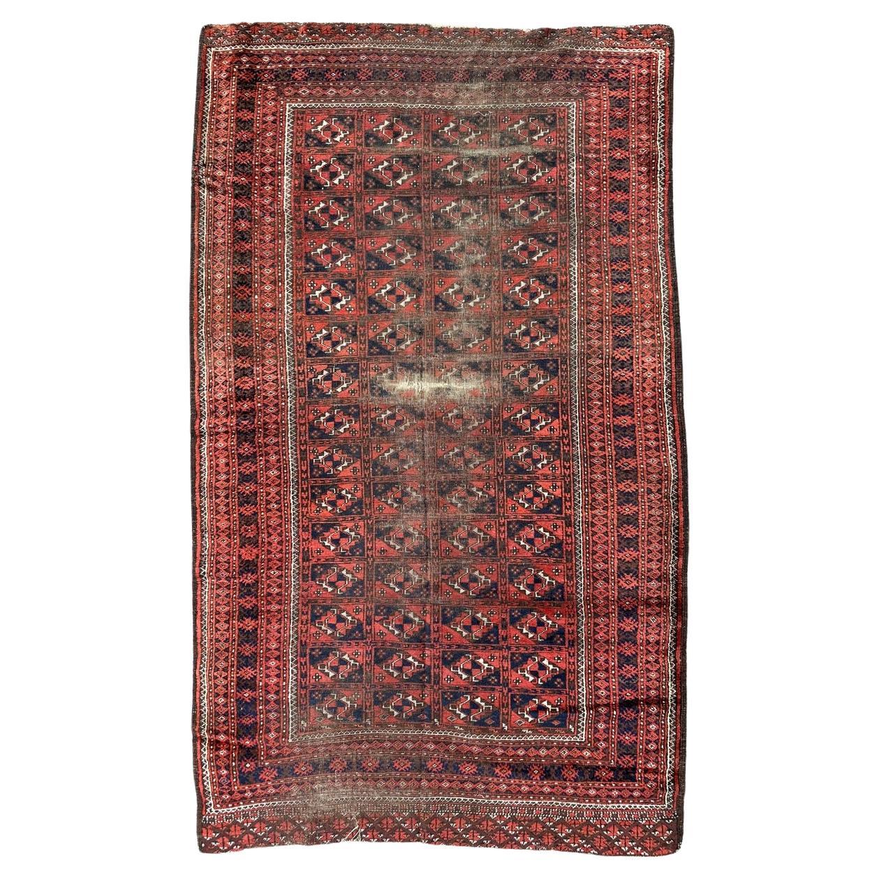 Bobyrug’s nice antique distressed Turkmen rug For Sale