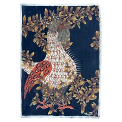Bobyrug’s Nice Vintage French Hand Printed Lurçat Signed Tapestry « Rooster »