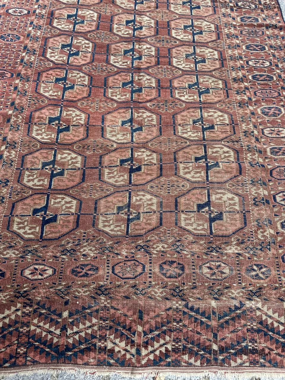 Beautiful late 19th century Turkmen rug with nice geometrical and traditional design of Bokhara rugs and nice natural colours, entirely hand knotted with wool on wool foundation 
Wears due to the age and the use 

✨✨✨
