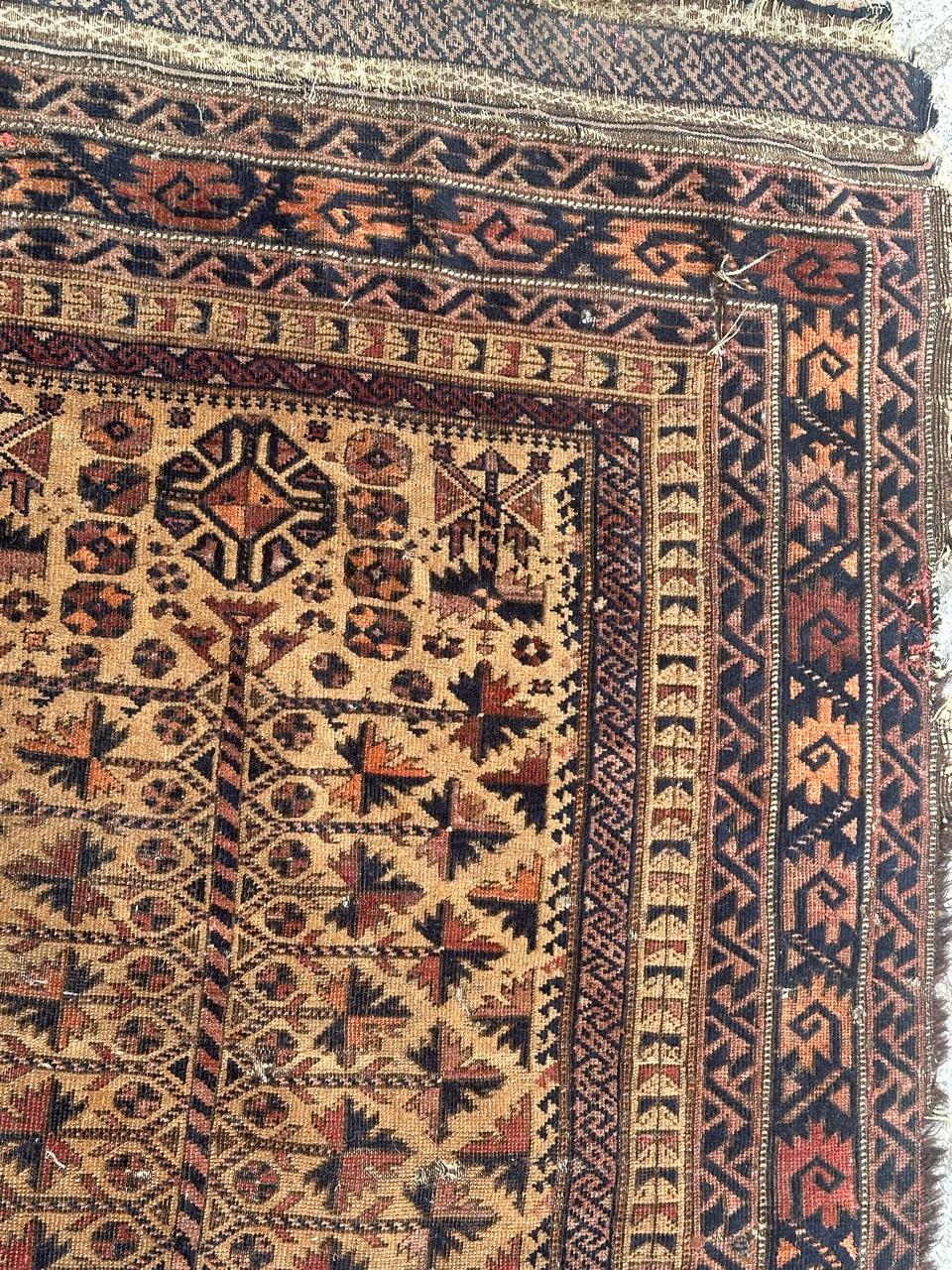 XIXe siècle Bobyrug's nice distressed antique fine tribal Baluch rug  en vente