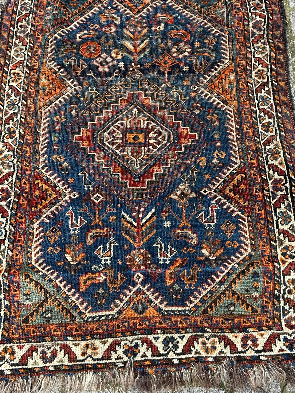 Bobyrug’s nice distressed antique tribal Shiraz rug For Sale 7