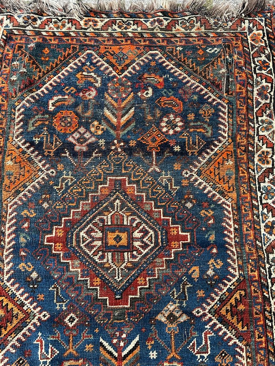 Bobyrug’s nice distressed antique tribal Shiraz rug For Sale 8