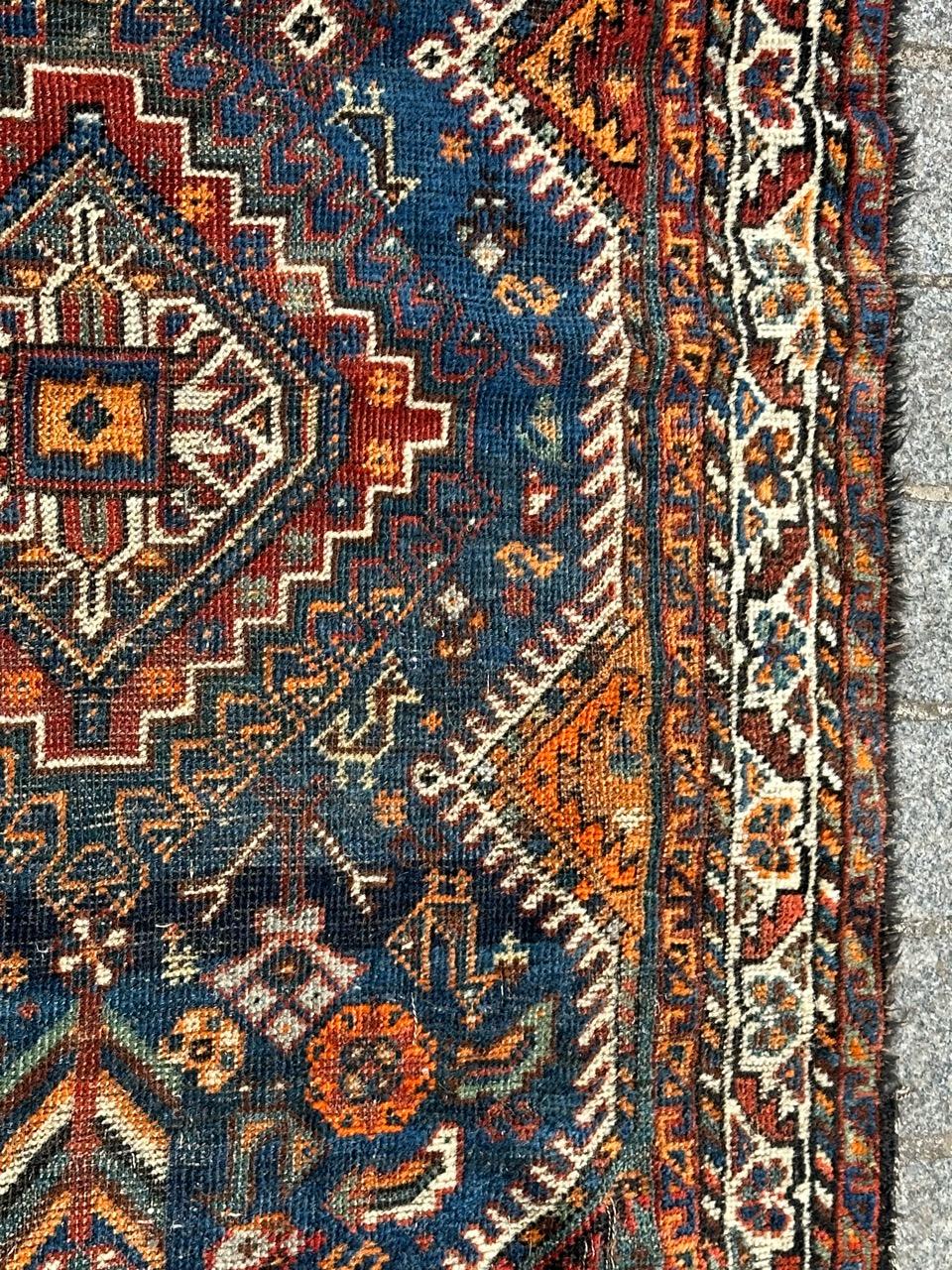 Asiatique Bobyrug's nice distressed antique tribal Shiraz rug en vente