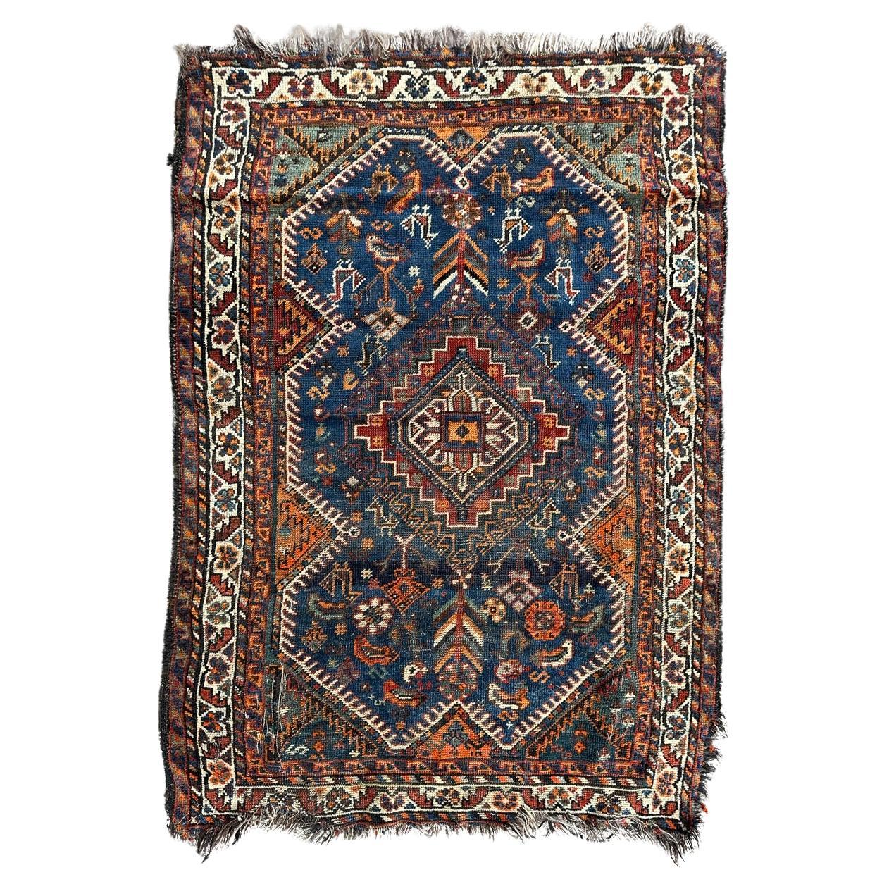 Bobyrug's nice distressed antique tribal Shiraz rug en vente