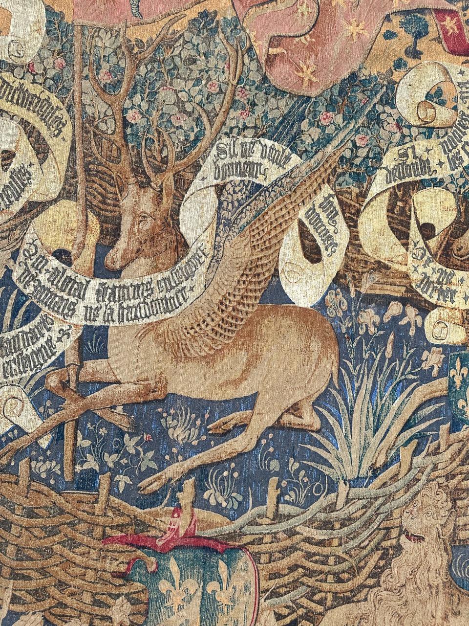 Medieval Bobyrug’s Nice French Aubusson Style hand printed tapestry «winged stags» For Sale