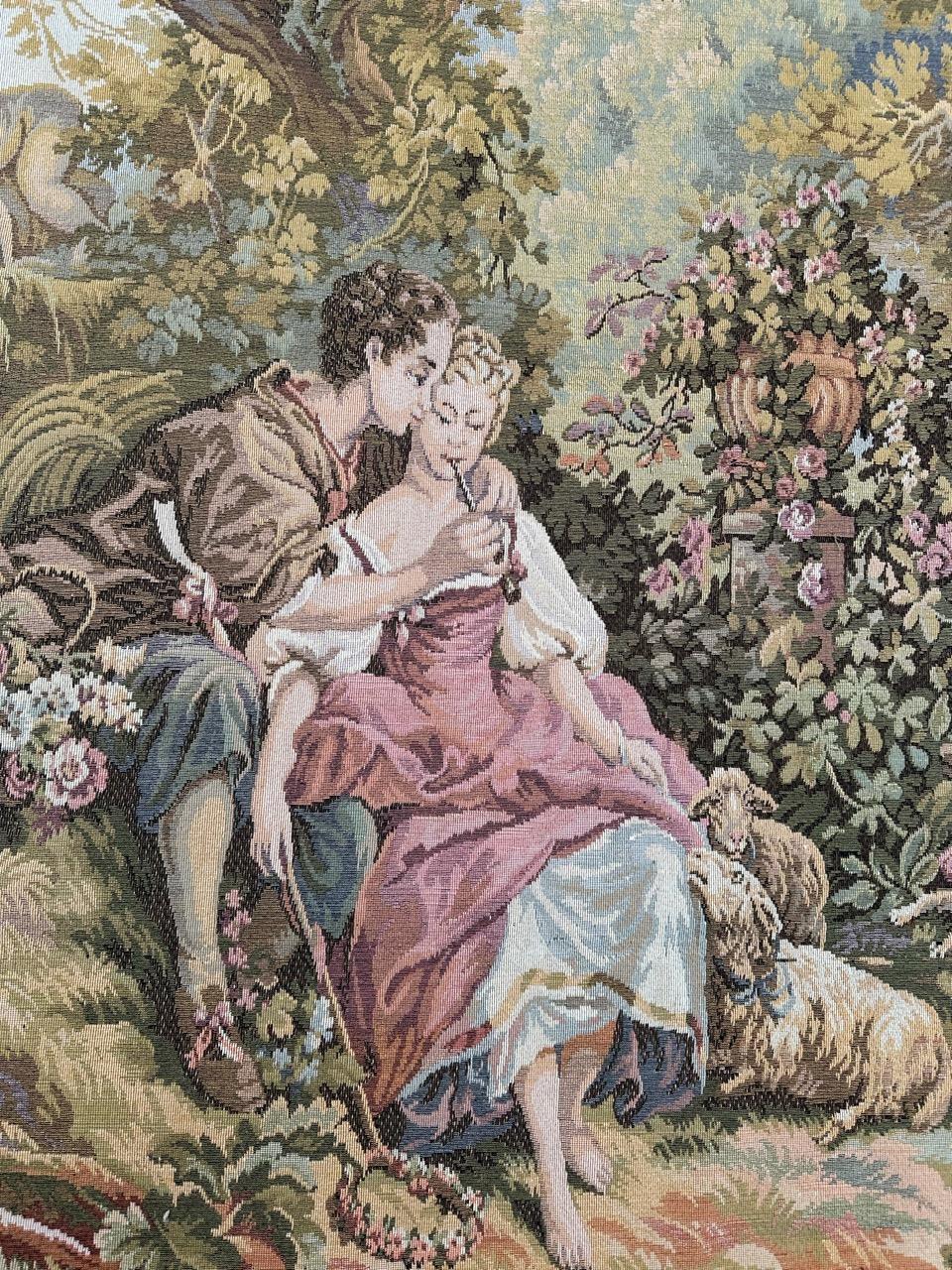 20th Century Bobyrug’s Nice French Aubusson Style Jacquard Tapestry « pastoral loves » For Sale