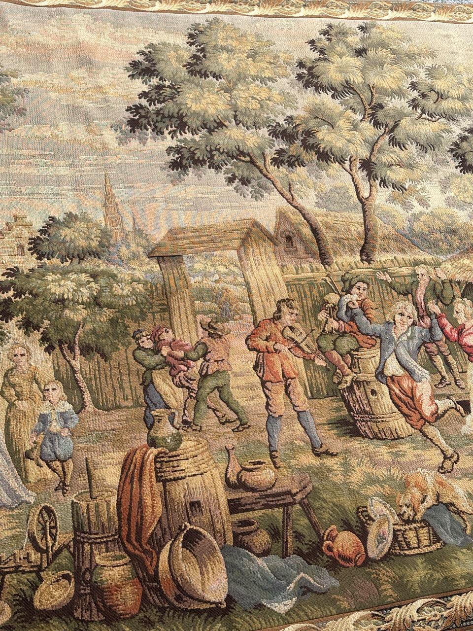 20th Century Bobyrug’s Nice French Aubusson Style Jacquard Tapestry « Villagers celebration » For Sale