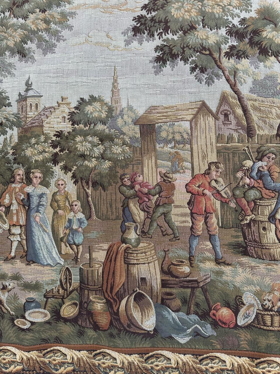 Late 20th Century Bobyrug’s Nice French Aubusson Style Jacquard Tapestry « Villagers celebration » For Sale