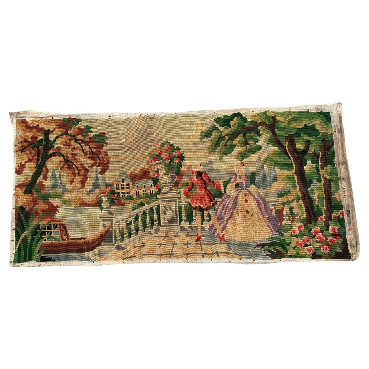 Bonito tapiz francés vintage de punto de aguja de Bobyrug