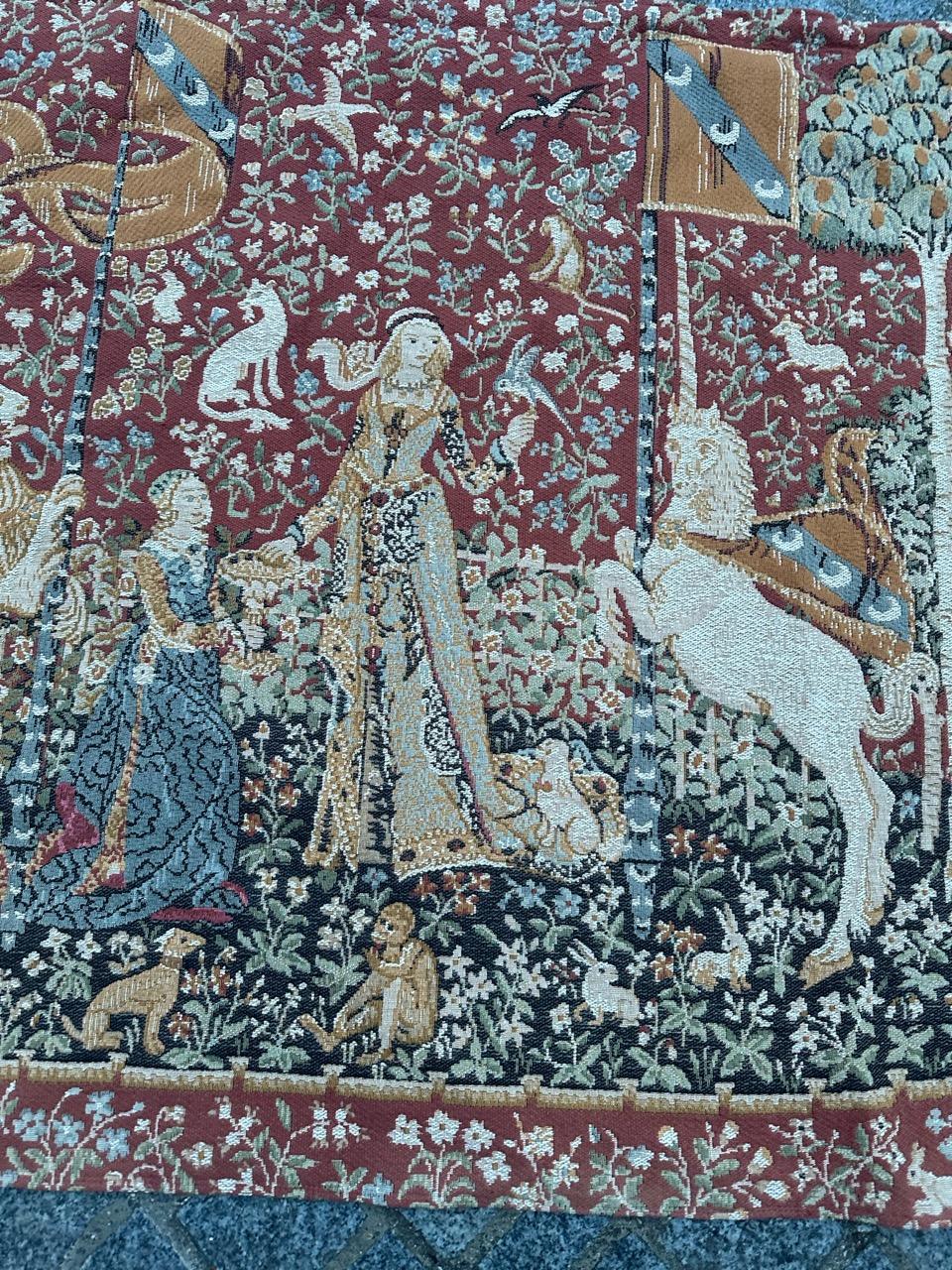 Nice vintage French Aubusson style tapestry with a design of a 15th century museum tapestry “Dame à la licorne - le goût » (lady with licorn - the taste) and beautiful colours, woven by the Jacquard looms with wool, in France.

✨✨✨
