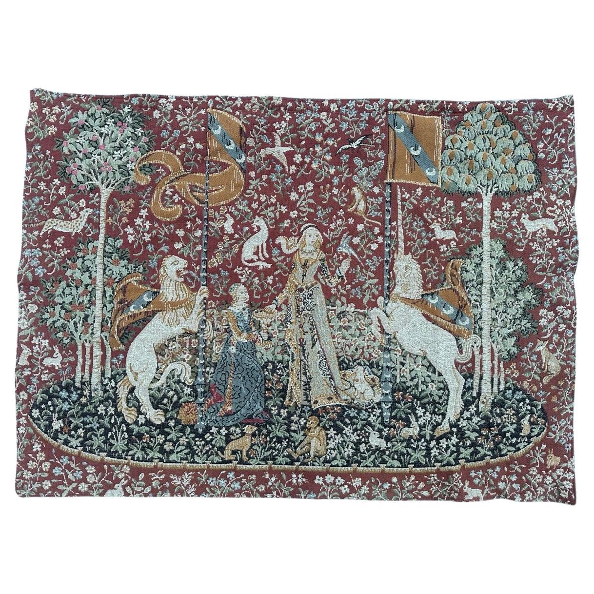 nice vintage French Aubusson style Jacquard tapestry “lady and licorn” For Sale