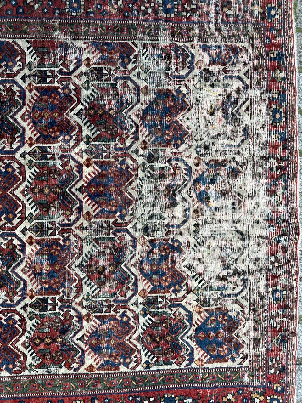 Tribal Bobyrug’s pretty antique distressed Afshar rug  For Sale