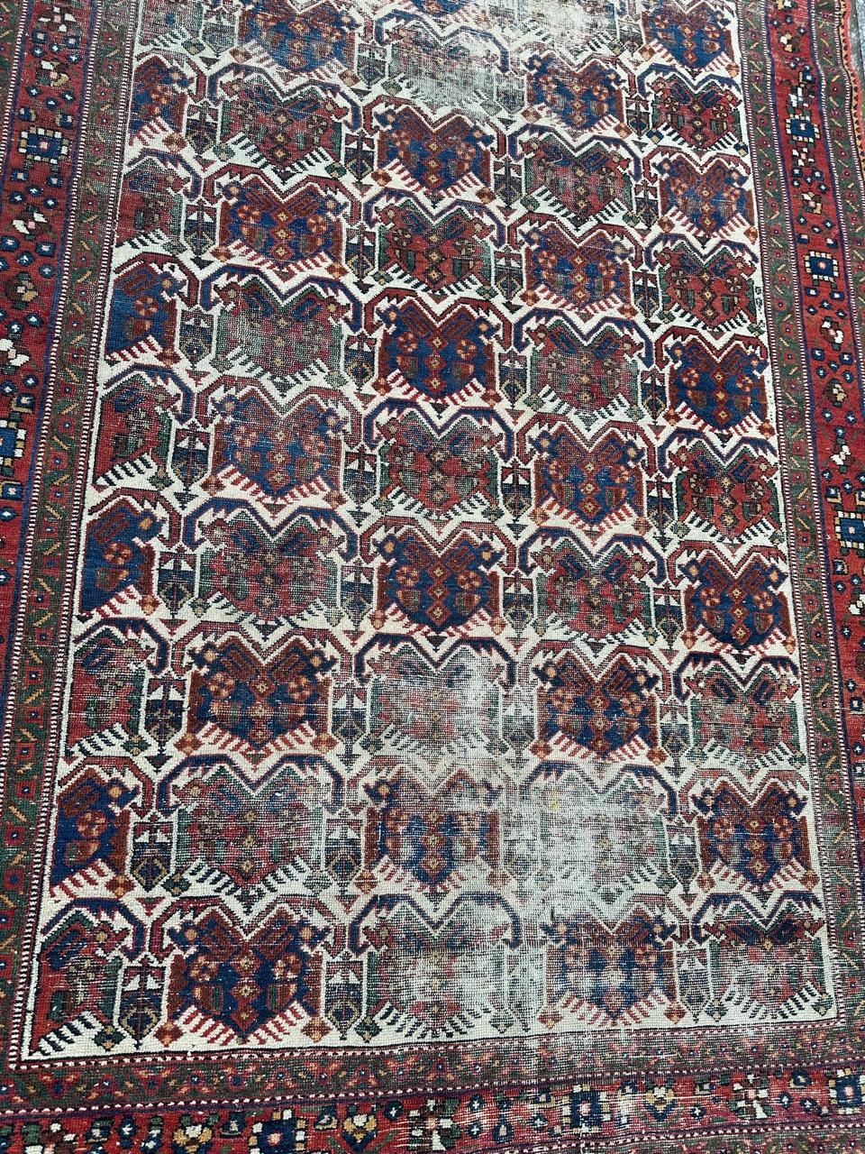 Wool Bobyrug’s pretty antique distressed Afshar rug  For Sale