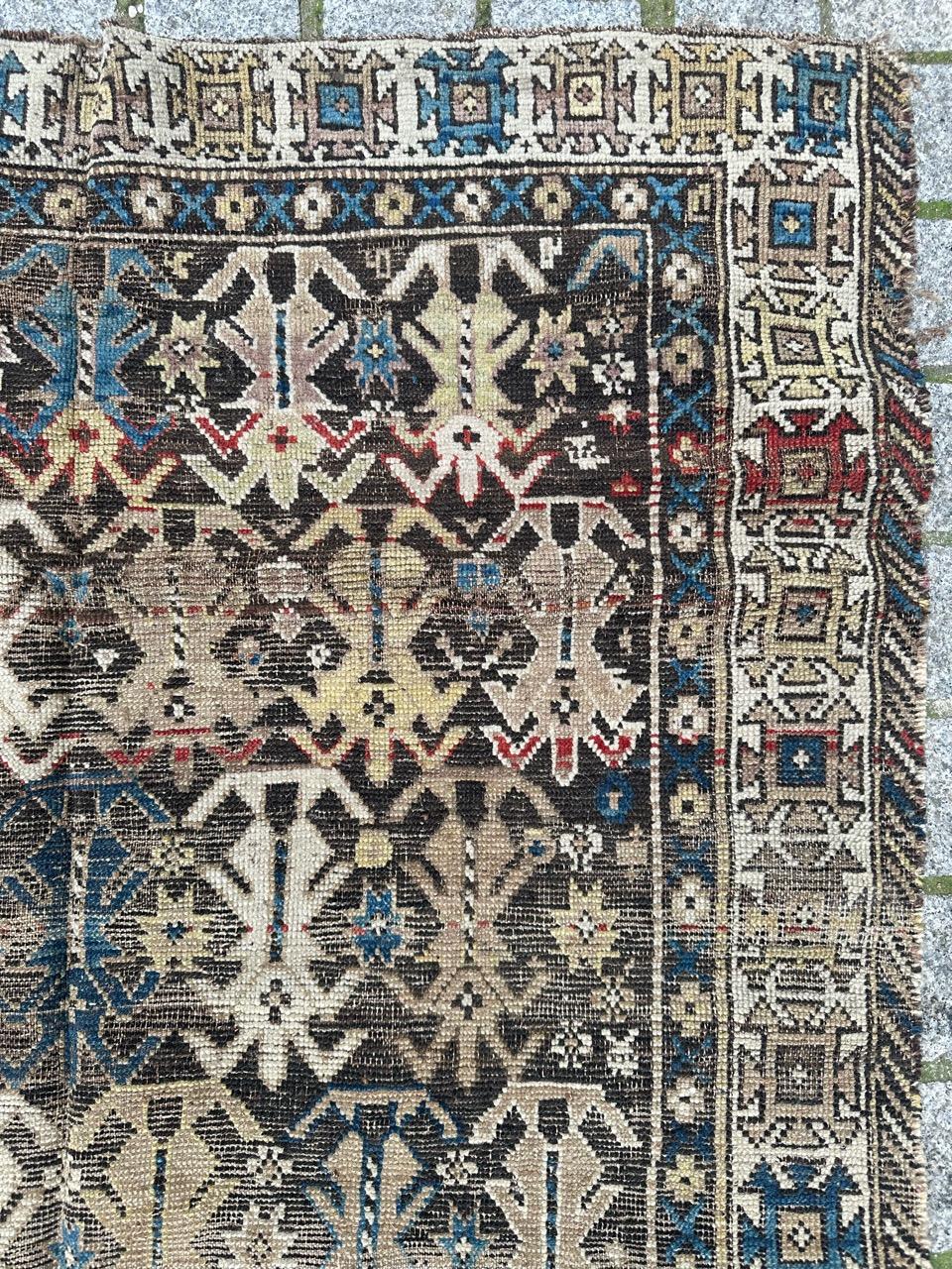 Hand-Knotted Bobyrug’s pretty antique distressed Caucasian shirvan rug For Sale