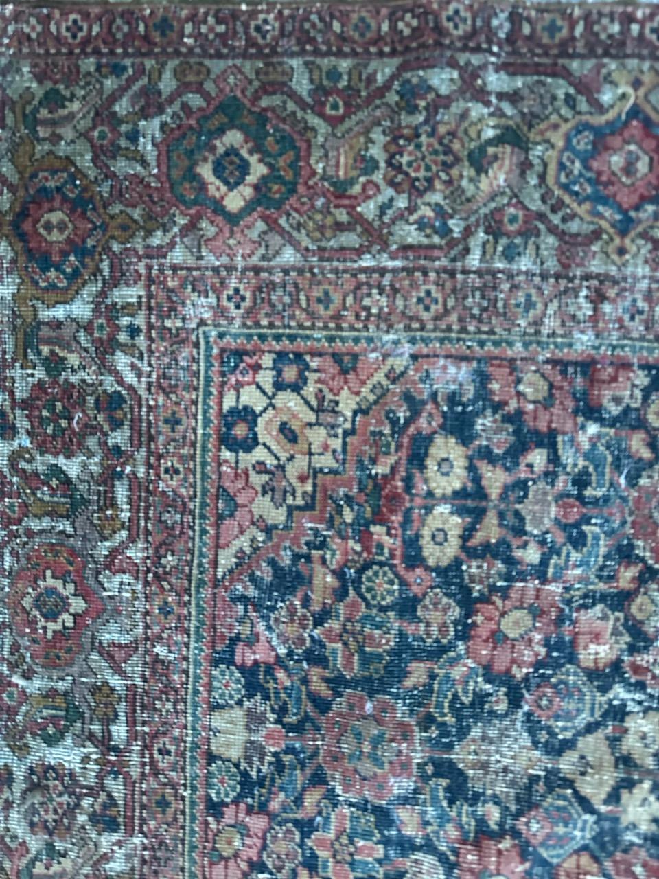 Wool Bobyrug’s pretty antique distressed fine Farahan rug  For Sale