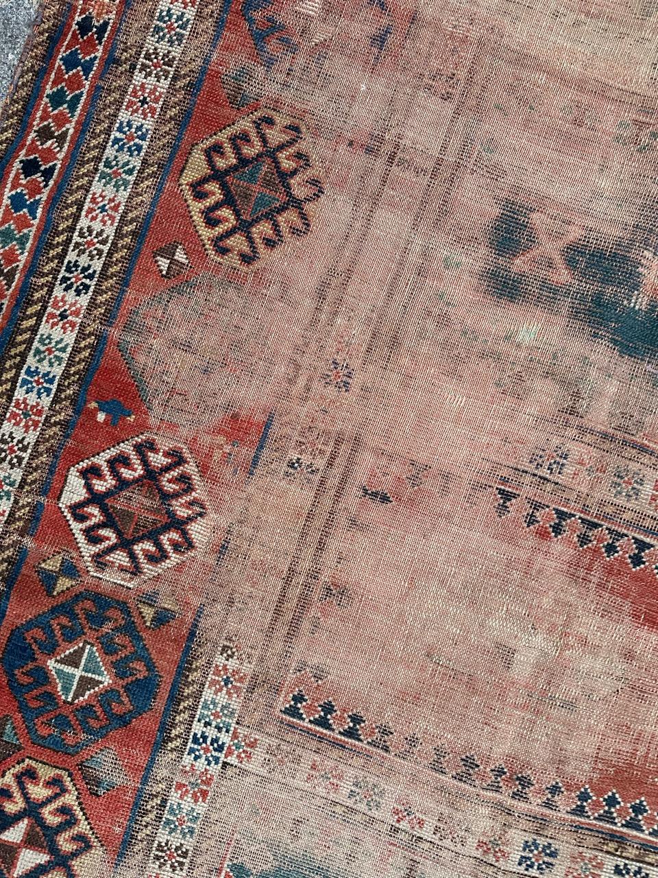 Bobyrug’s pretty antique distressed Kazak rug In Distressed Condition For Sale In Saint Ouen, FR