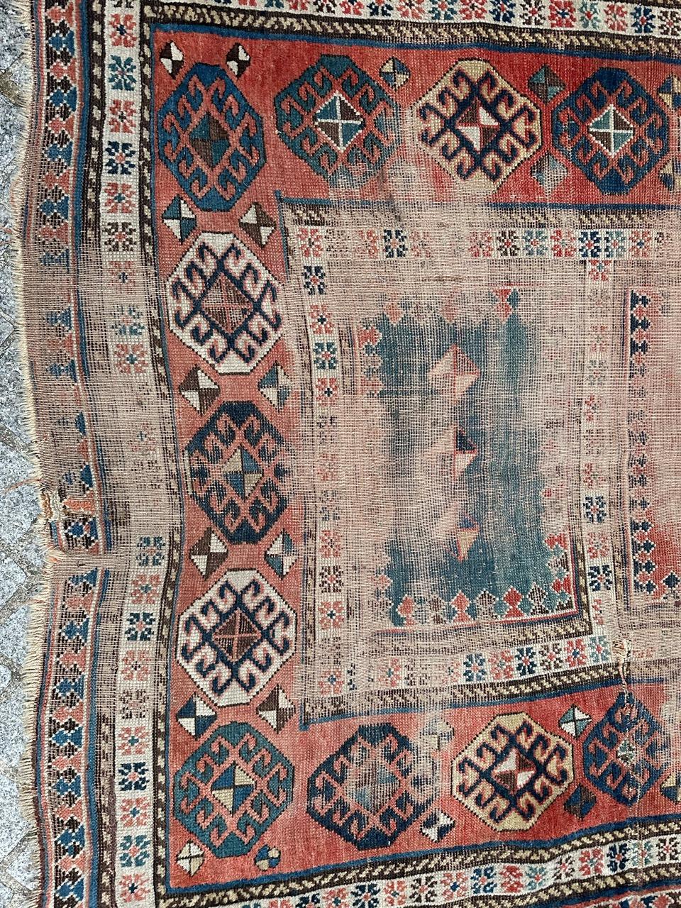 19th Century Bobyrug’s pretty antique distressed Kazak rug For Sale