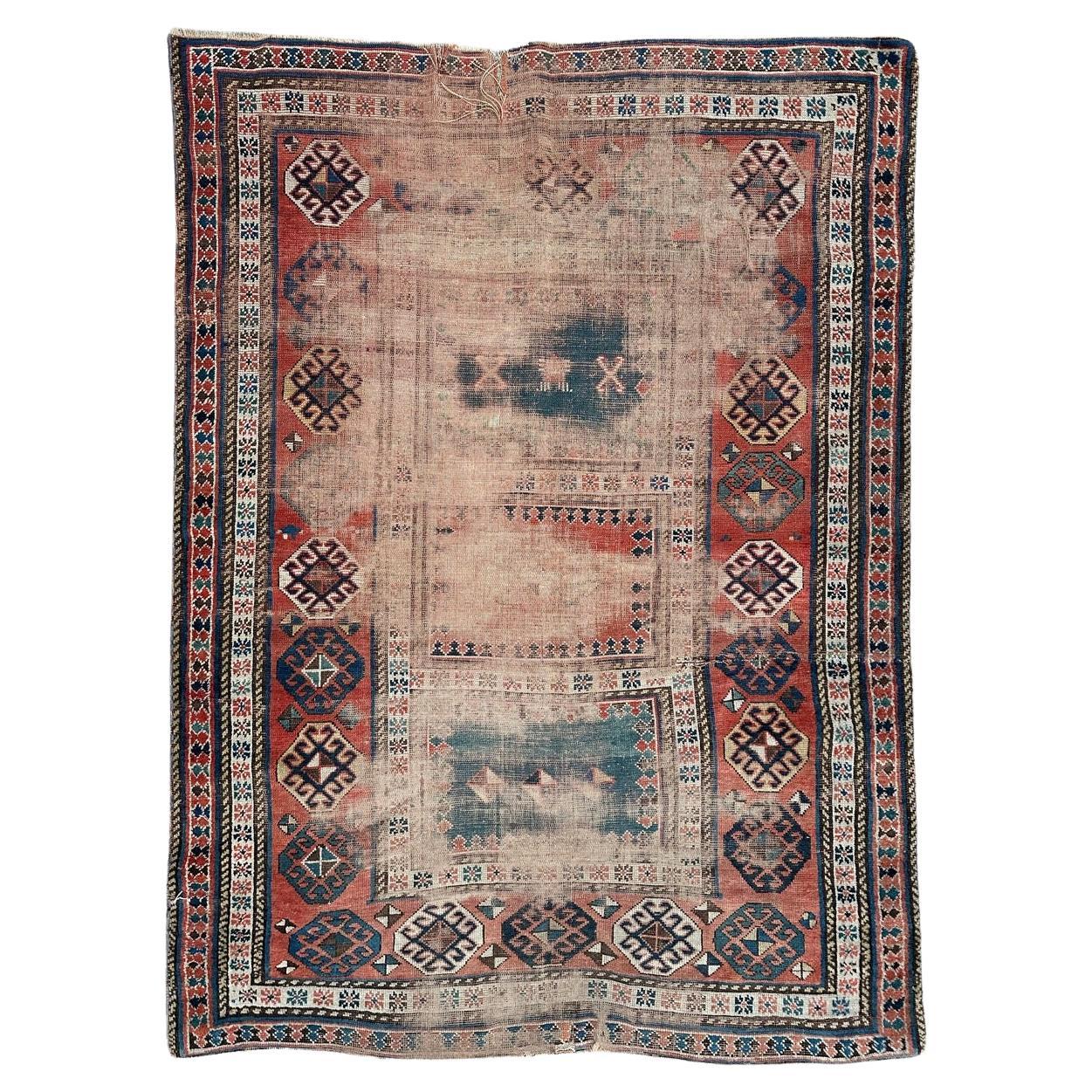 Bobyrug’s pretty antique distressed Kazak rug For Sale