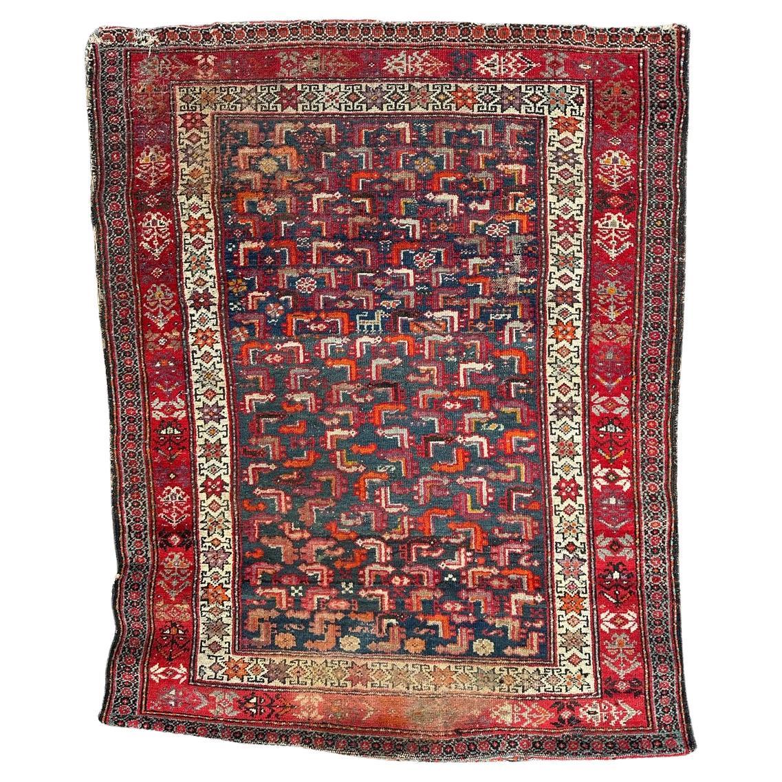 Bobyrug’s pretty antique distressed malayer rug For Sale