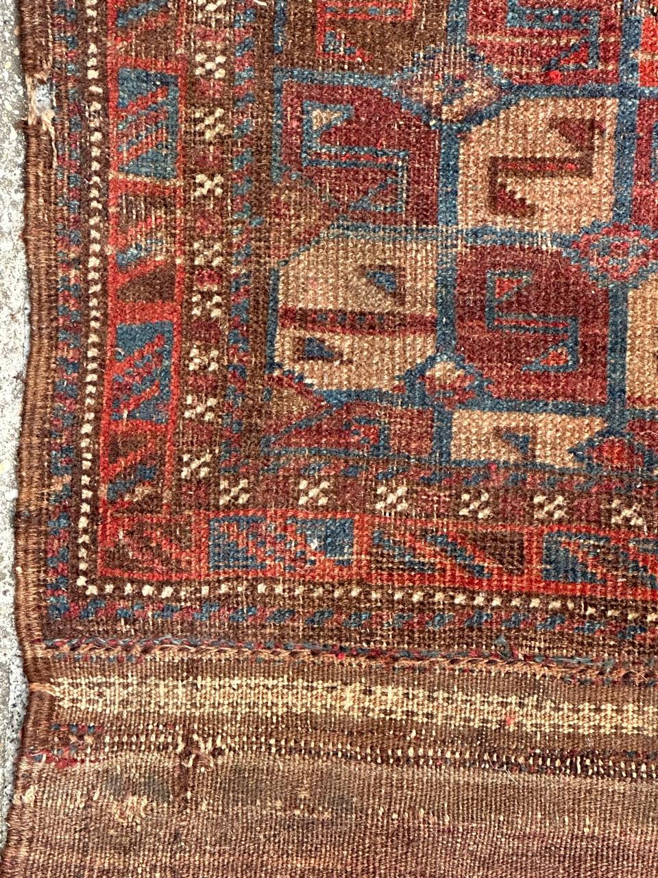 19th Century Bobyrug’s pretty antique distressed tribal Turkmen bag face rug  For Sale