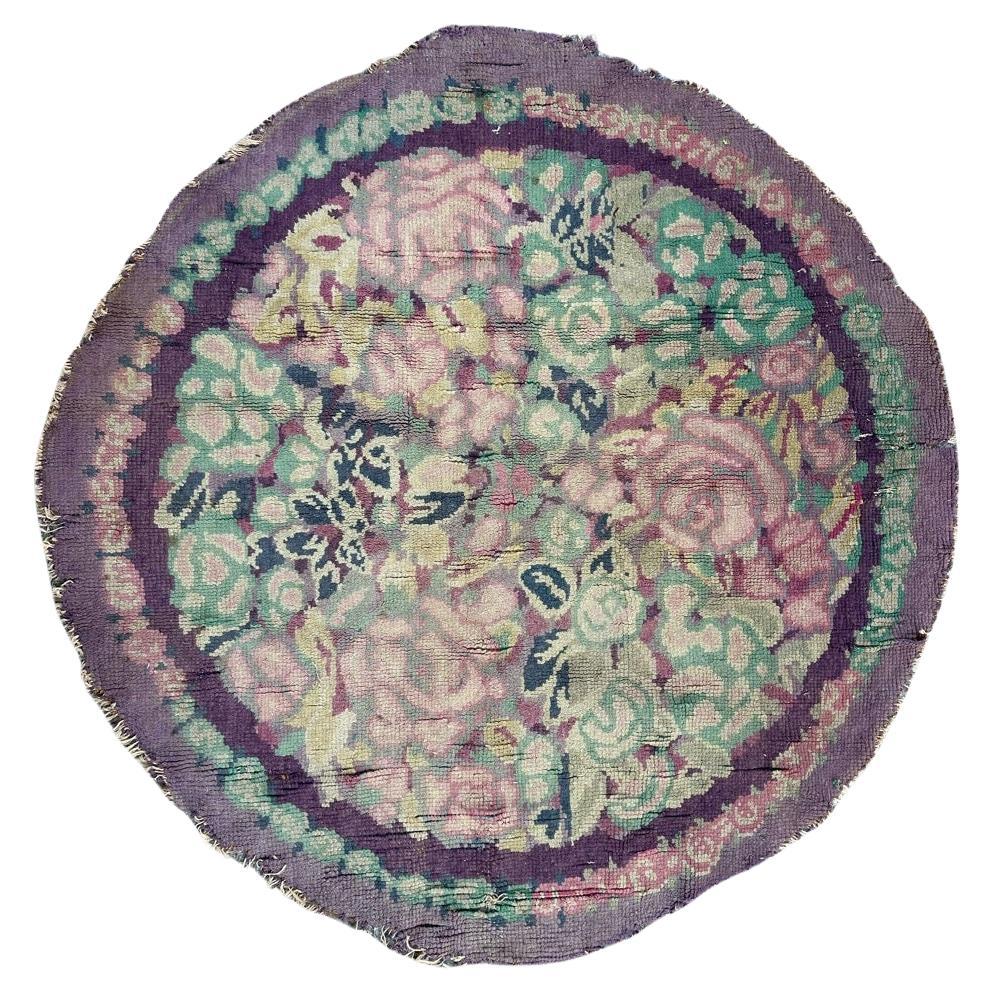 Bobyrug’s Pretty antique french art nouveau round rug For Sale