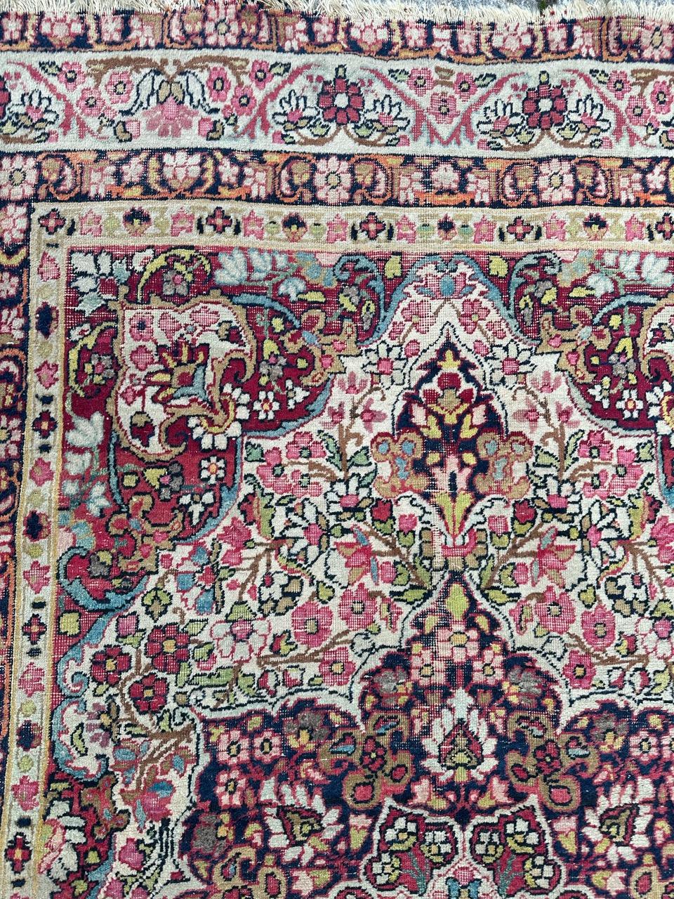 Wool Bobyrug’s pretty antique Kirman lavar rug For Sale