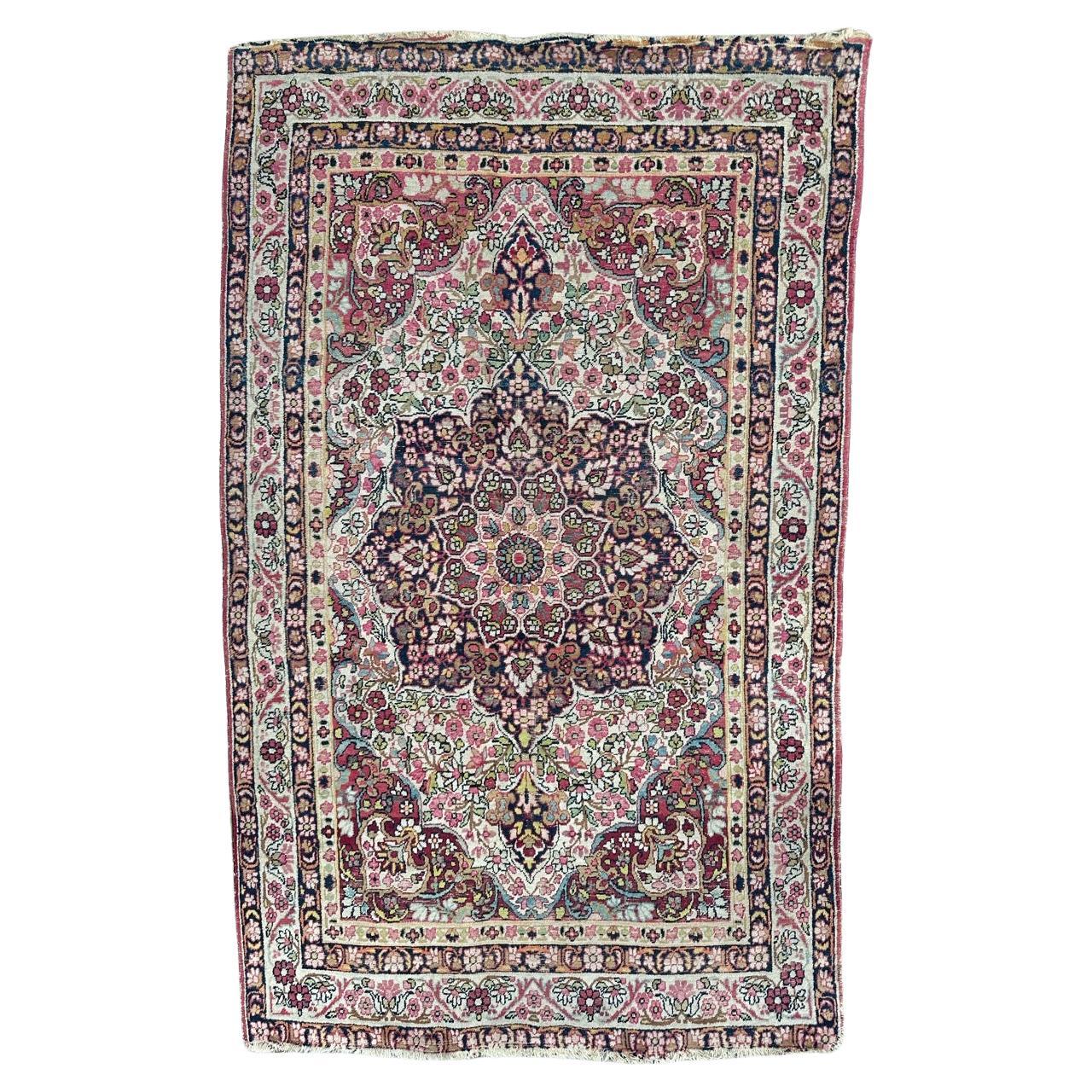 Bobyrug’s pretty antique Kirman lavar rug For Sale