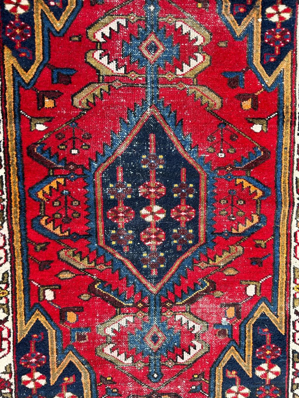 Pretty mid century mazlaghan rug with nice geometrical and stylized designs and beautiful colours with red, blue, green and white, entirely hand knotted with wool on cotton foundation, 

✨✨✨

