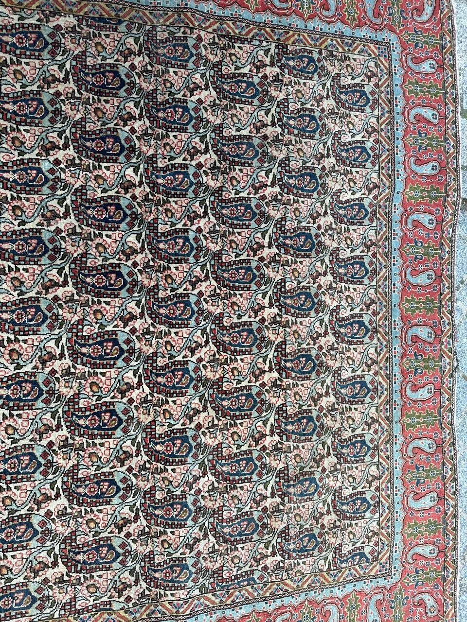 Wonderful mid century Qom rug with beautiful design of Botteh and nice natural colours with a white field, light blue, navy blue, red, green and yellow in designs, entirely and finely hand knotted with wool on cotton foundation 

✨✨✨
