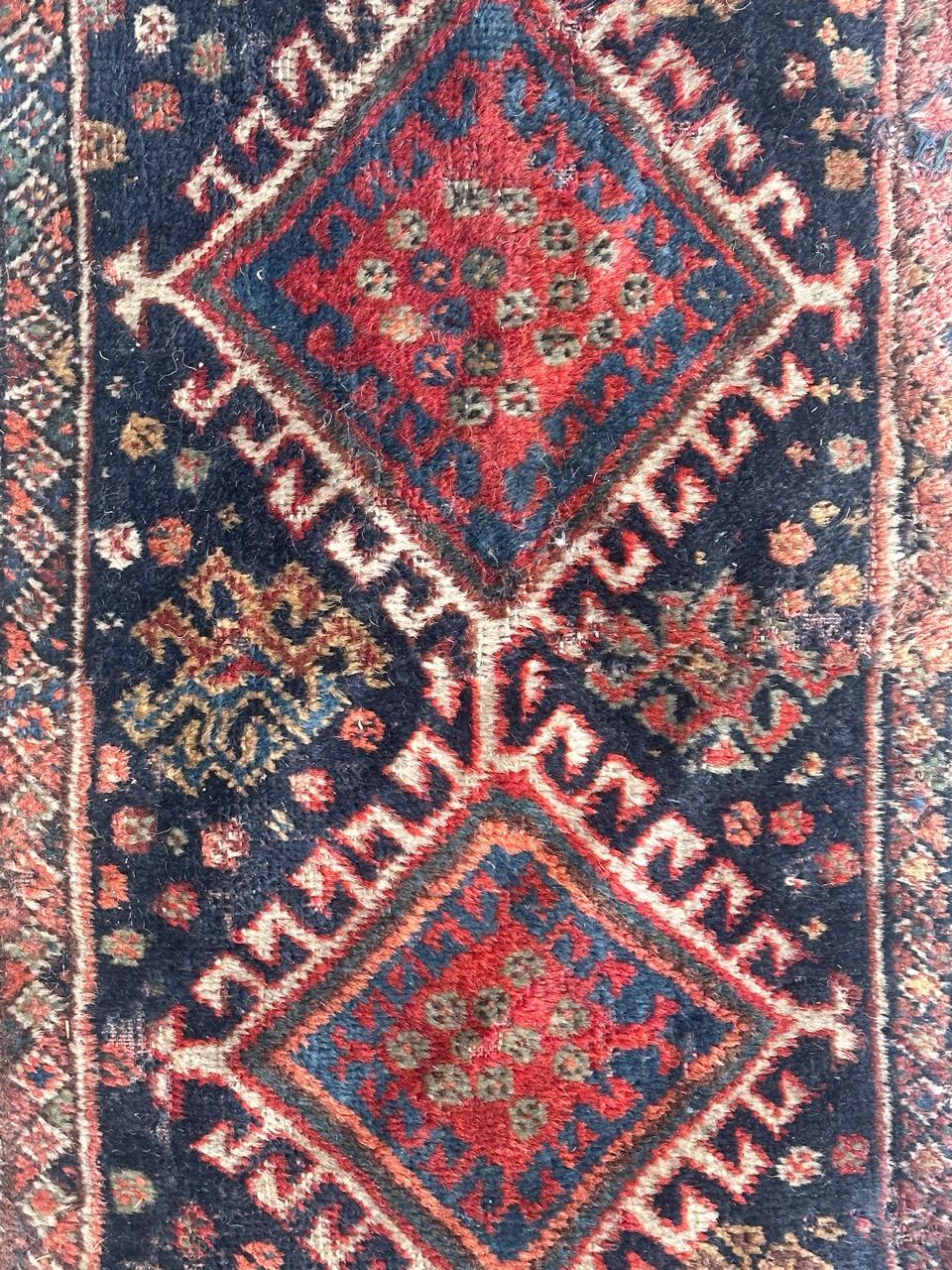 Bobyrug’s pretty antique small qashqai fragment rug  For Sale 3