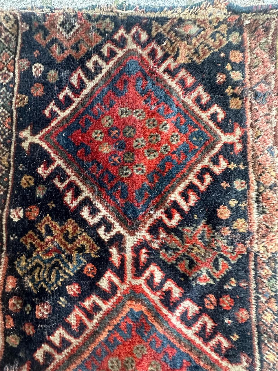 Bobyrug’s pretty antique small qashqai fragment rug  For Sale 4
