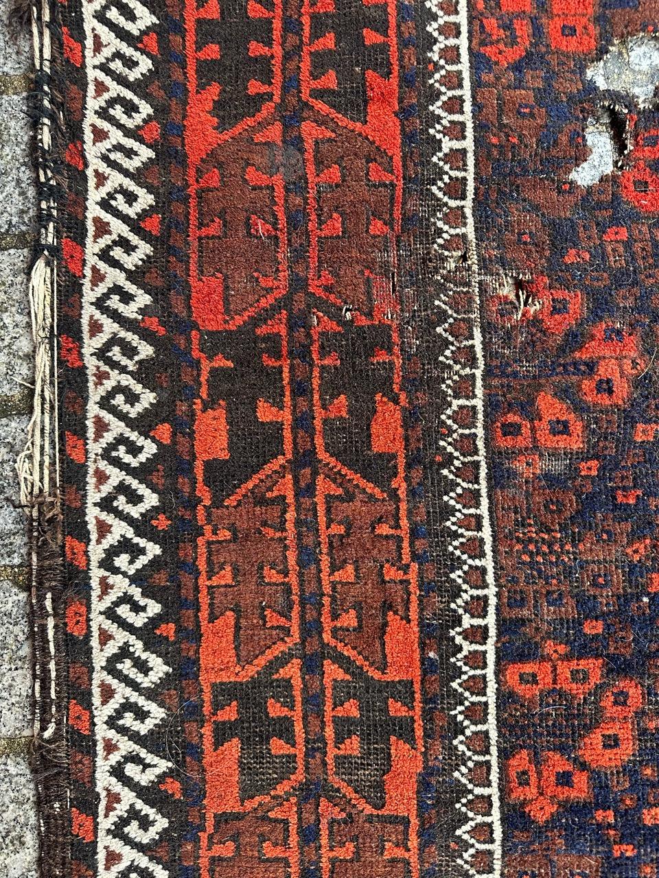 19th Century Bobyrug’s pretty distressed antique Turkmen Baluch rug  For Sale