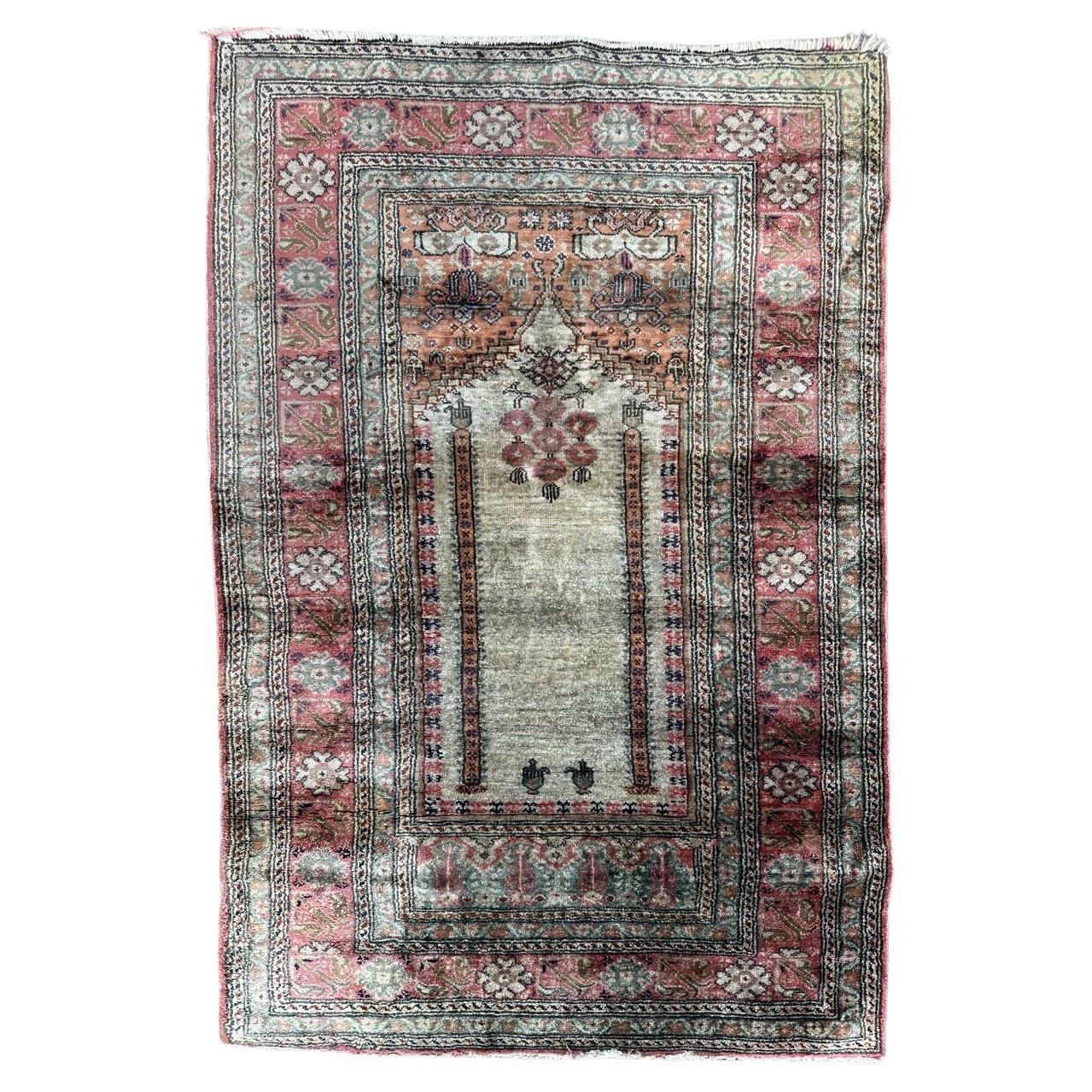 Bobyrug’s pretty little vintage Turkish Cesareh silk rug  For Sale