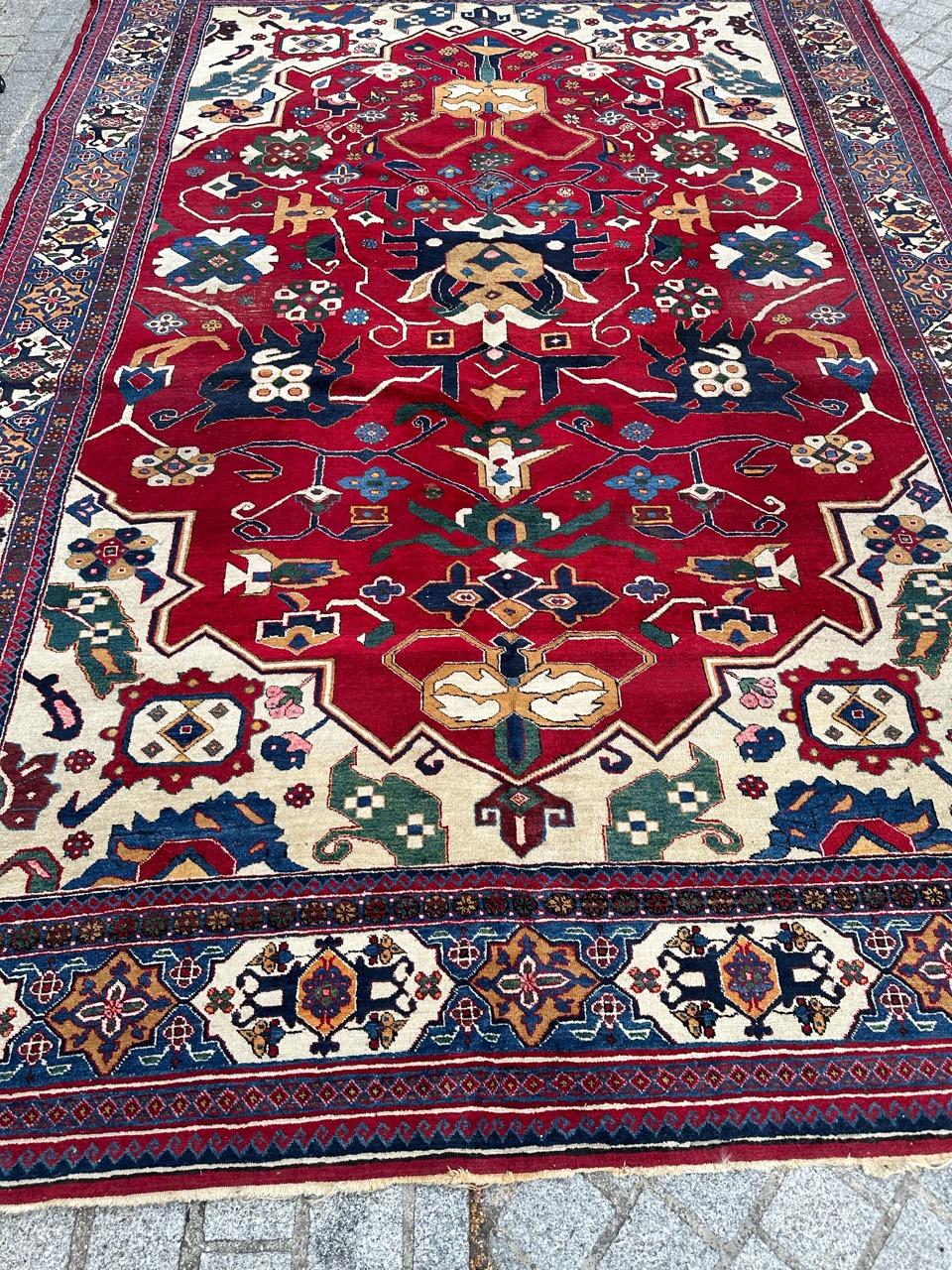 Very beautiful mid 20th century Caucasian rug from Azerbaijan, with nice design of the very old Kouba rugs and nice natural colours with red, green, yellow, blue, pink and white, entirely hand knotted with wool on cotton foundation.

✨✨✨
