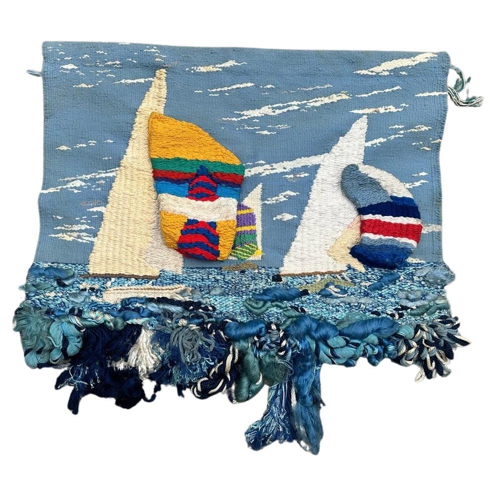 Pretty mid century Brutalist Macrame tapestry boats design For Sale