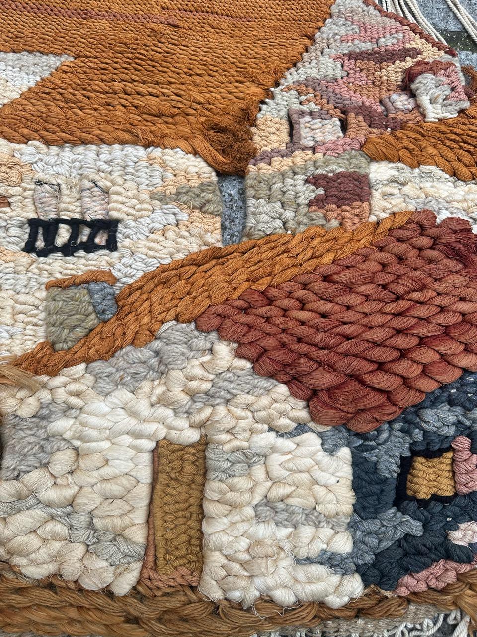 Spanish Bobyrug’s Pretty mid century Brutalist Macrame tapestry town design For Sale