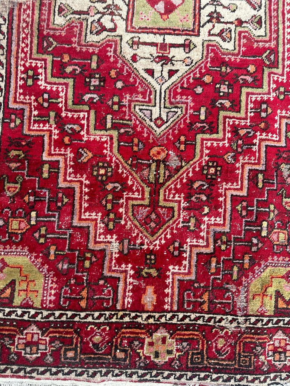 Rustic Bobyrug’s pretty mid century distressed Hamadan rug  For Sale