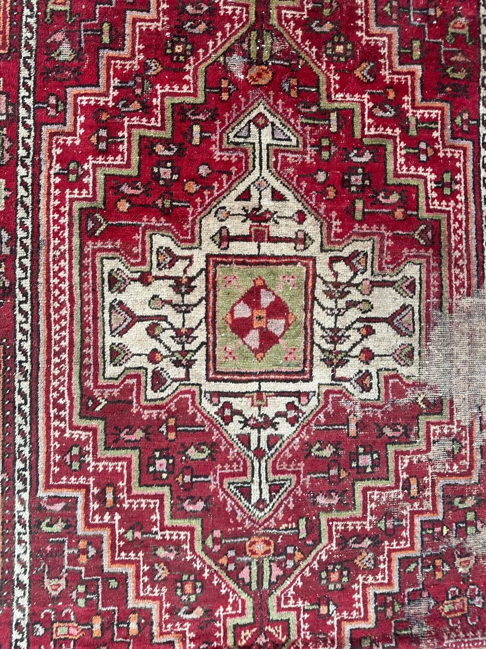 Wool Bobyrug’s pretty mid century distressed Hamadan rug  For Sale
