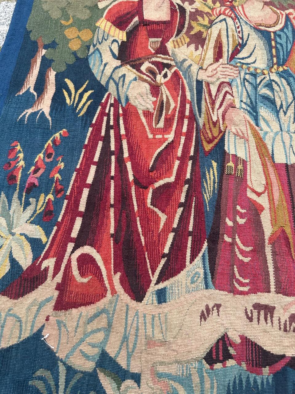 Bobyrug’s Pretty Mid Century French Aubusson Tapestry medieval design  In Good Condition For Sale In Saint Ouen, FR