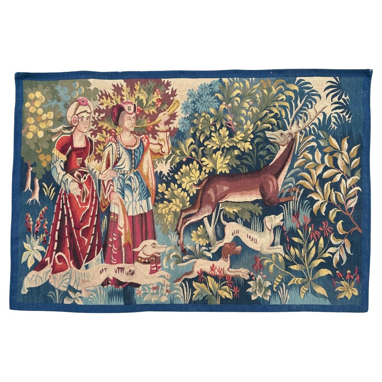 Bobyrug’s Pretty Mid Century French Aubusson Tapestry medieval design  For Sale