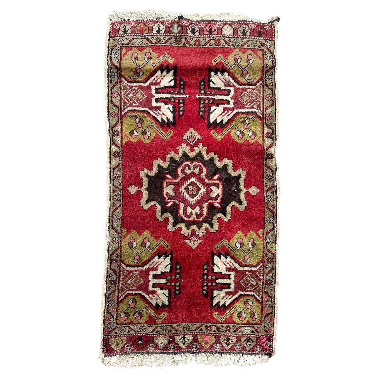 Bobyrug’s pretty small vintage Turkish Yastik rug For Sale