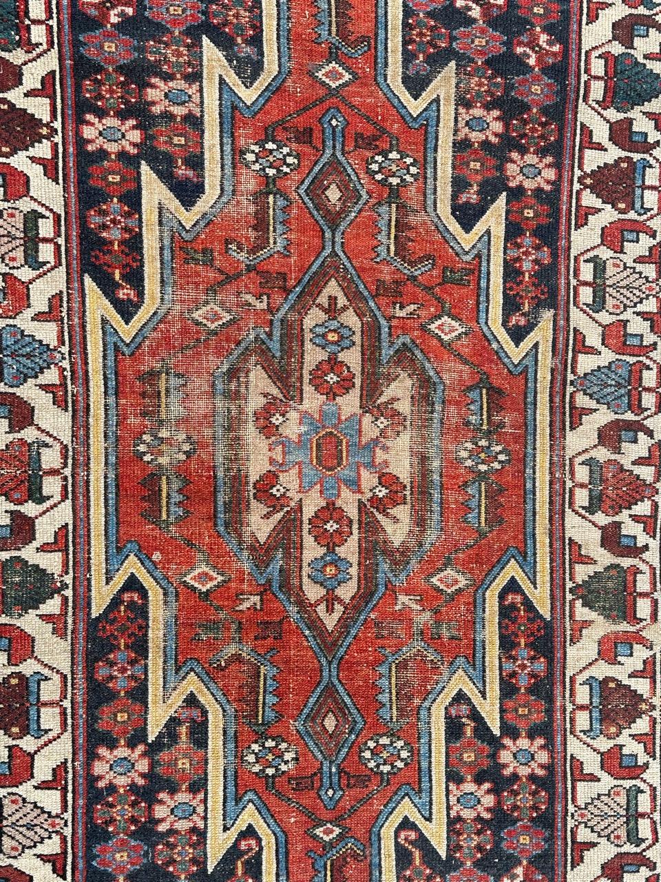 Pretty mid century rustic mazlaghan rug with beautiful geometrical design and nice colours with red, blue, navy and white, entirely hand knotted with wool on cotton foundation. Some missing, Uniform wears due to the age and use. 

✨✨✨

